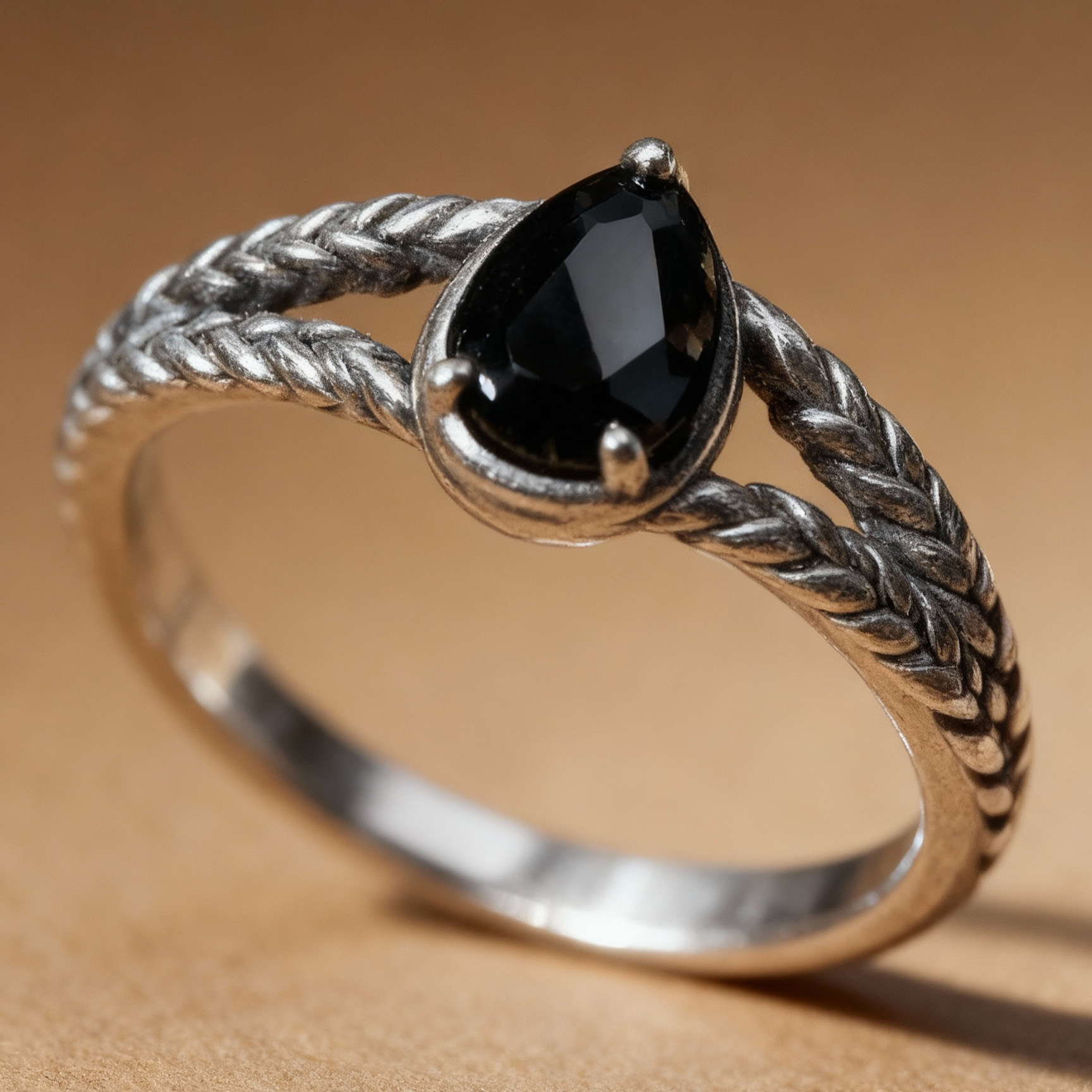 Close-up of black spinel gemstone on sterling silver ring