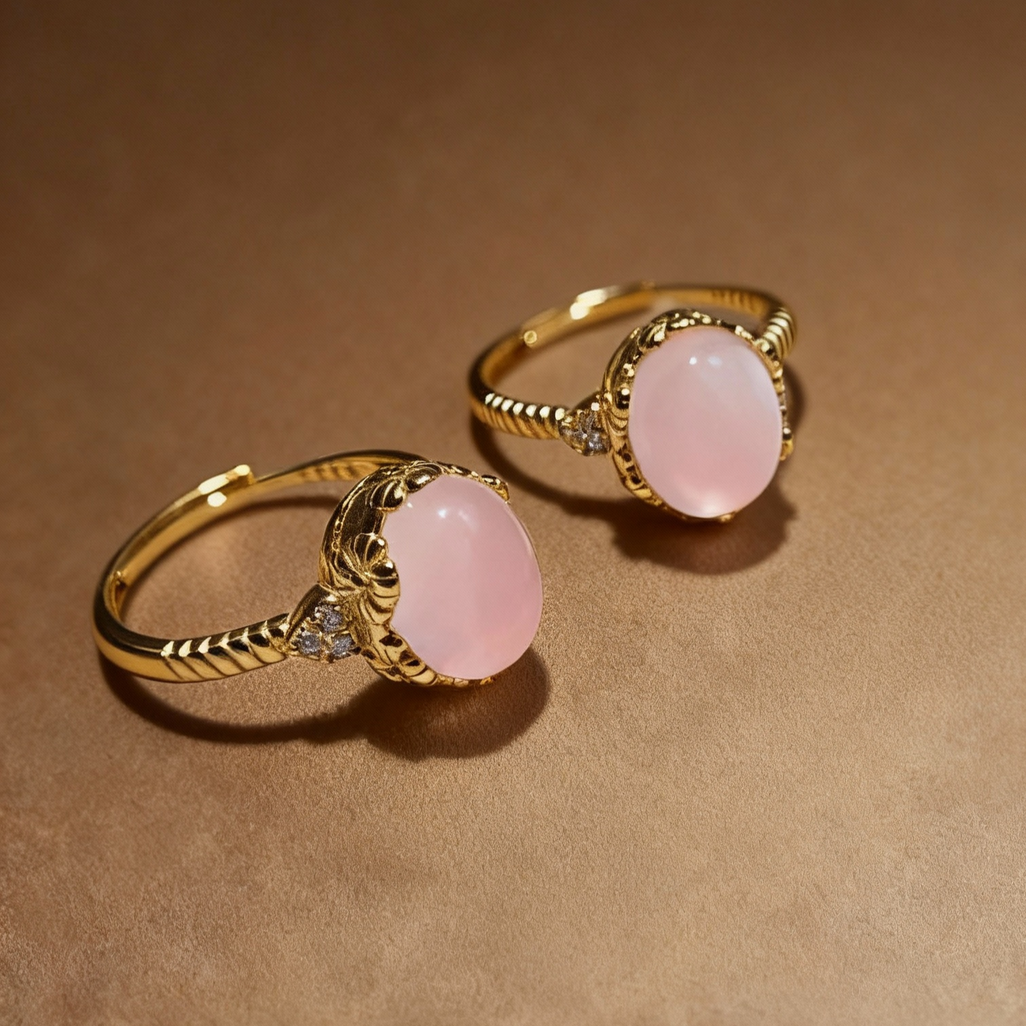Detail of pink rose quartz crystal ring
