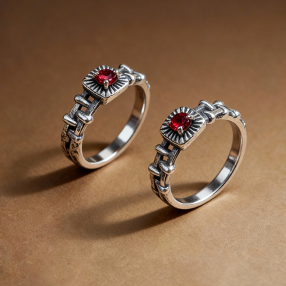 Close-up of red garnet gemstone on chain-link silver ring