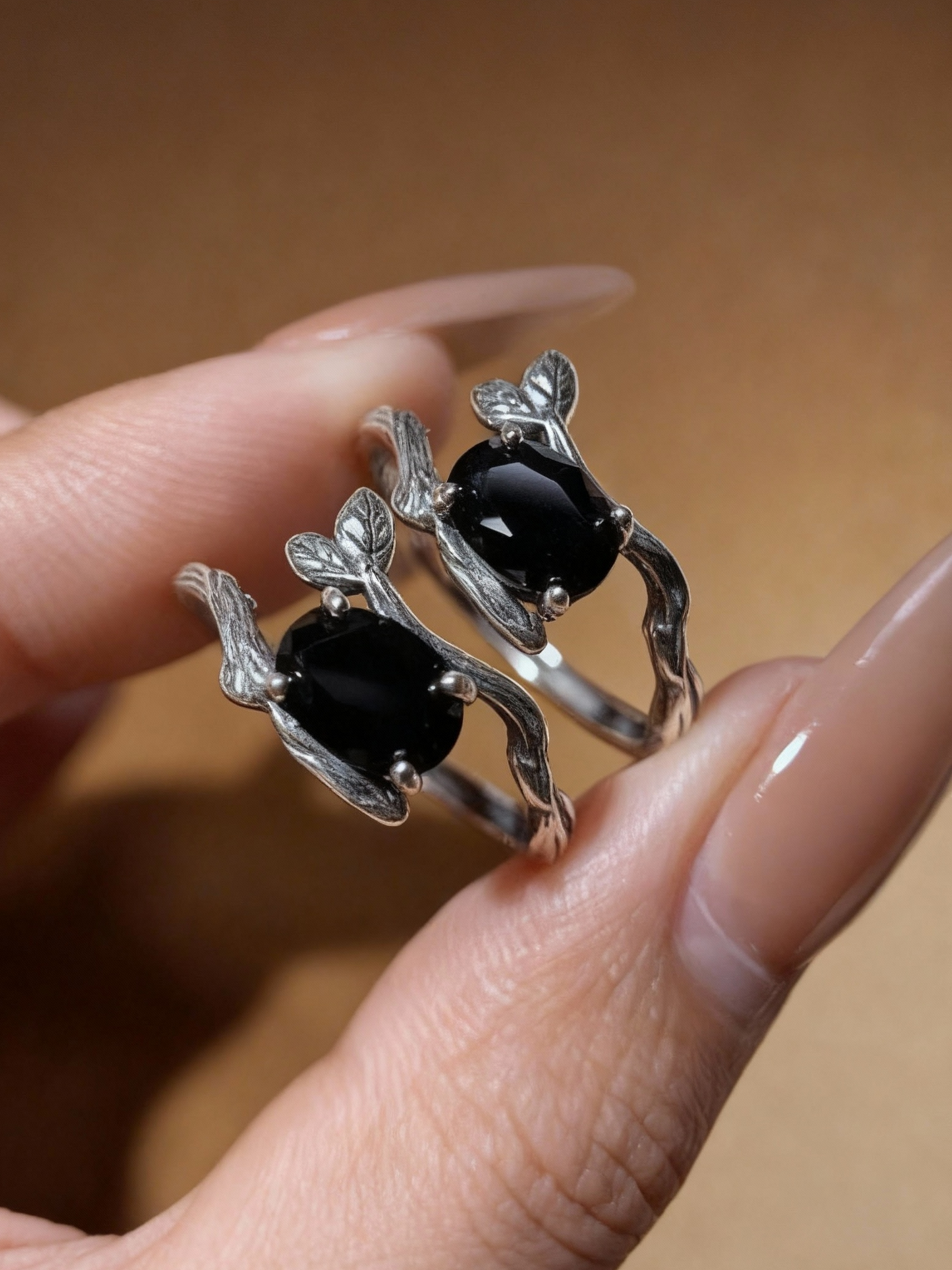 Natural black spinel ring with botanical twig-inspired silver band