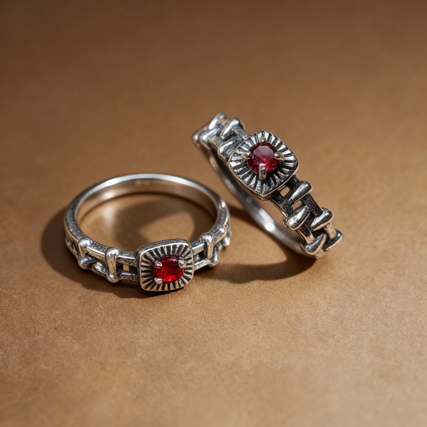 Detail of garnet stone setting with chain-link design