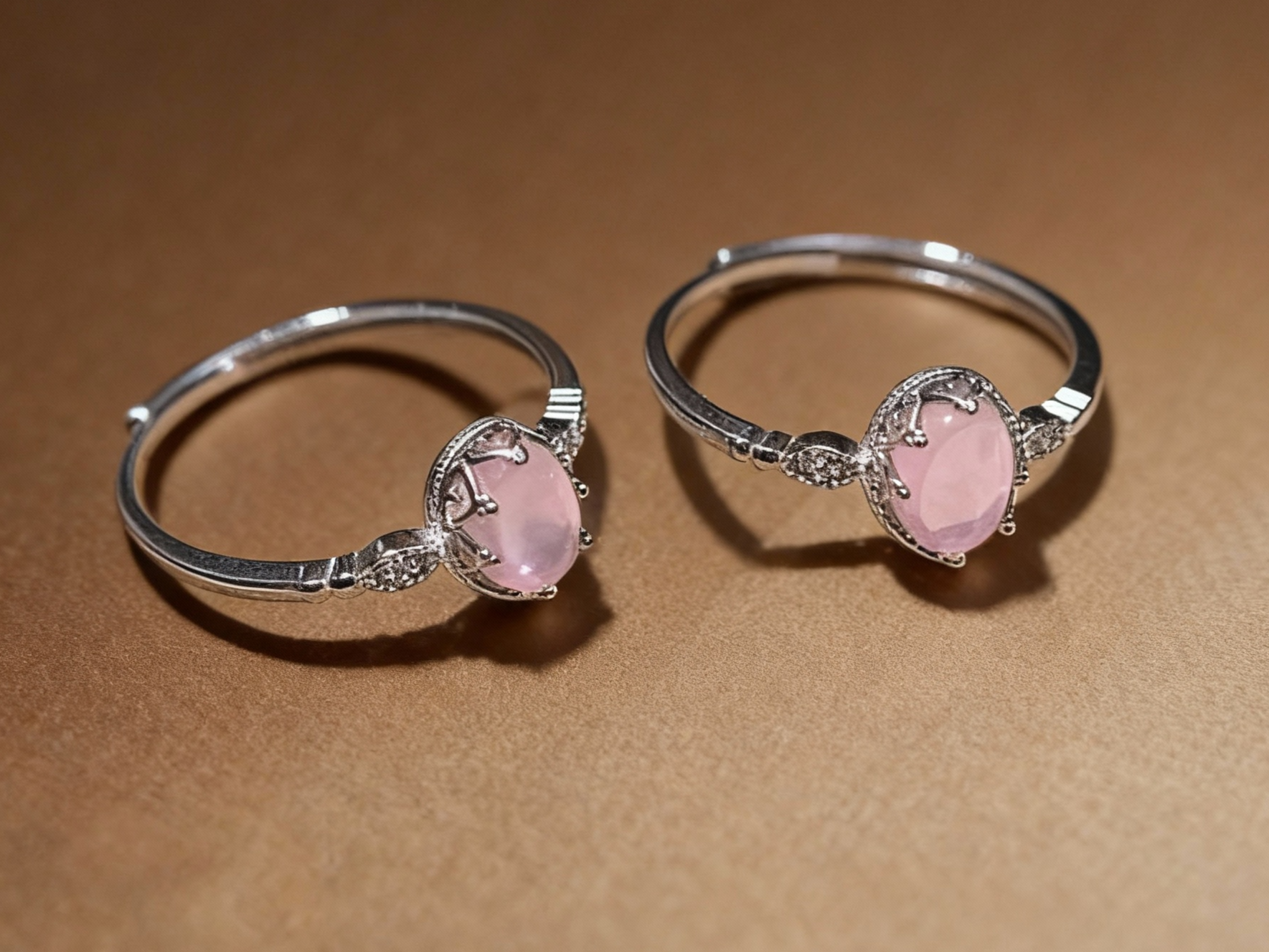 Close-up of pink rose quartz gemstone on silver ring