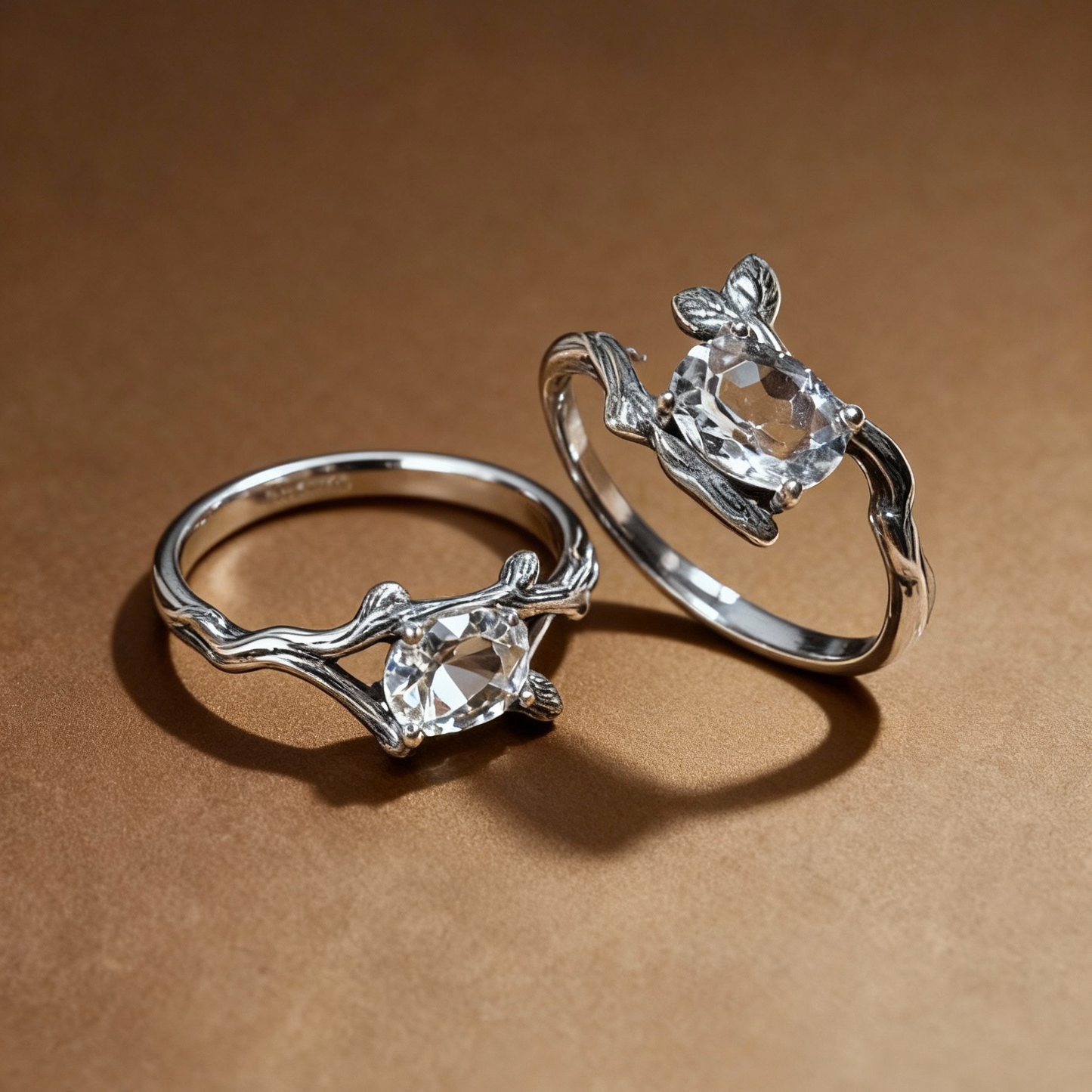 Clear quartz gemstone ring with organic twig band