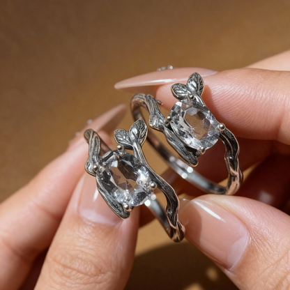 Close-up of clear quartz crystal on twig-style silver ring