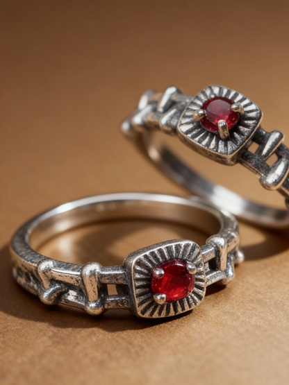 S925 silver chain-link ring with deep red garnet stone