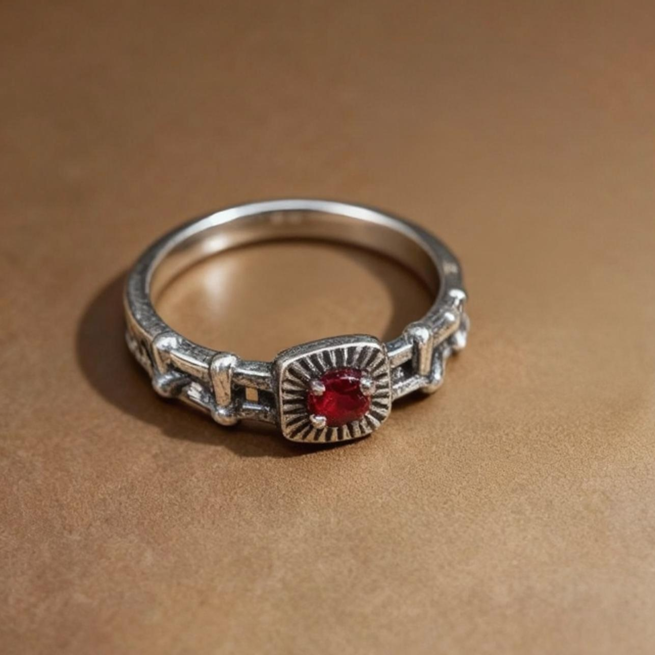 Garnet chain-link ring with S925 sterling silver band