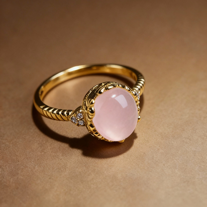 Close-up of rose quartz stone setting on ring