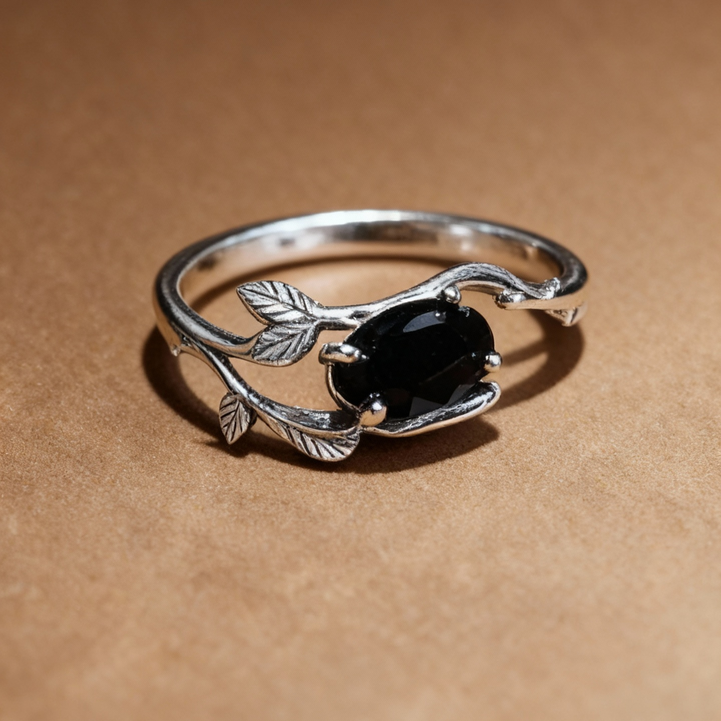 Black spinel twig ring with S925 sterling silver branch design