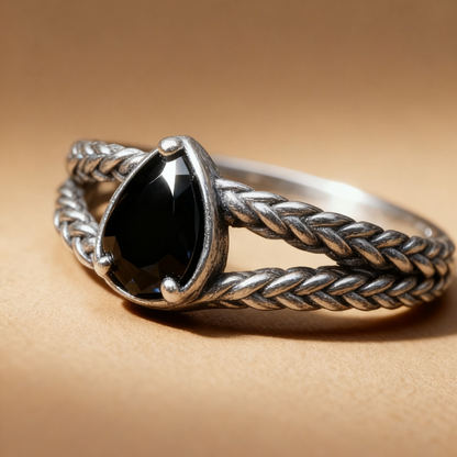 Black spinel gemstone ring showing silver band design