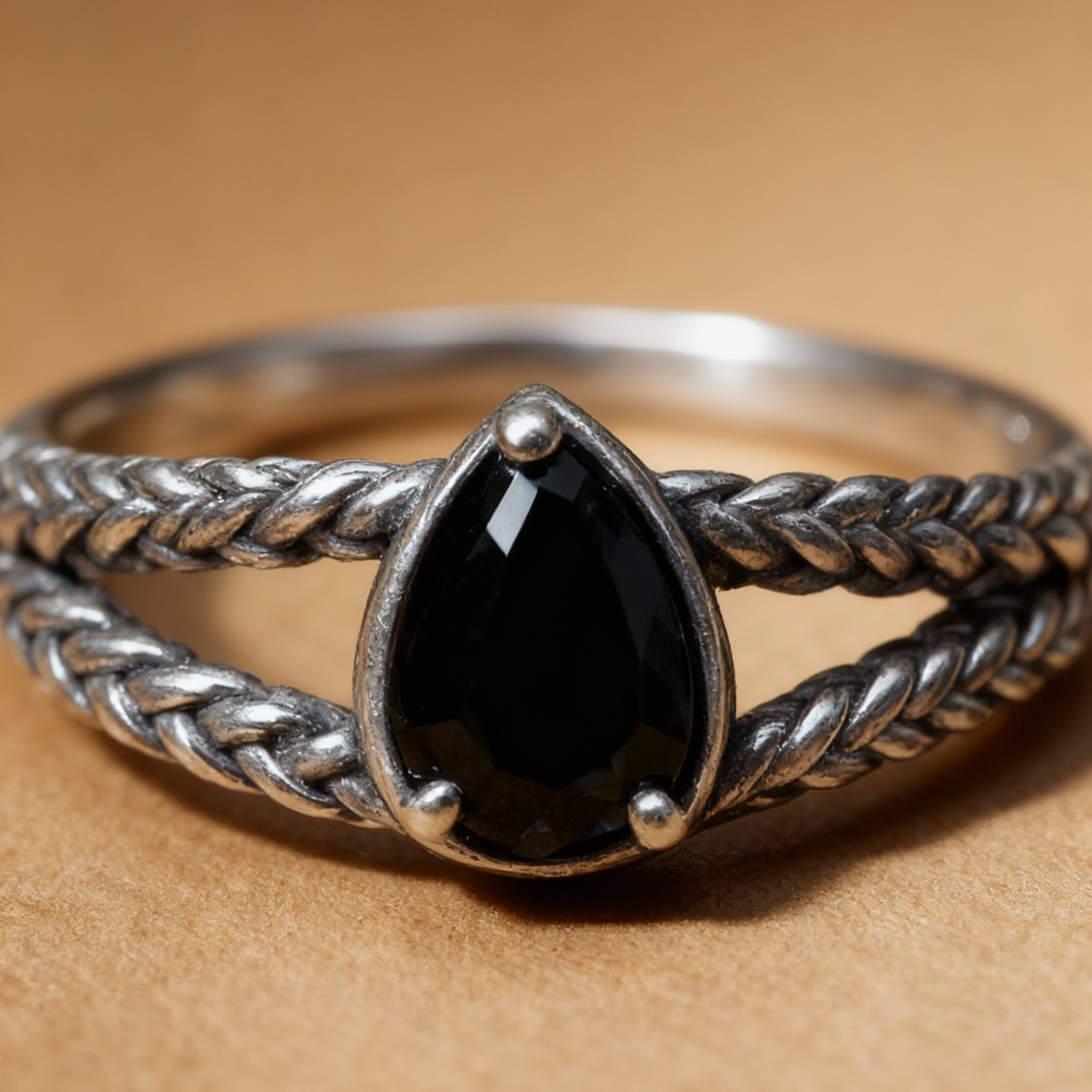 Detail of black spinel stone setting on S925 silver ring