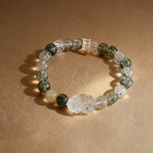 Natural phantom quartz Pixiu bracelet with yellow jade charm