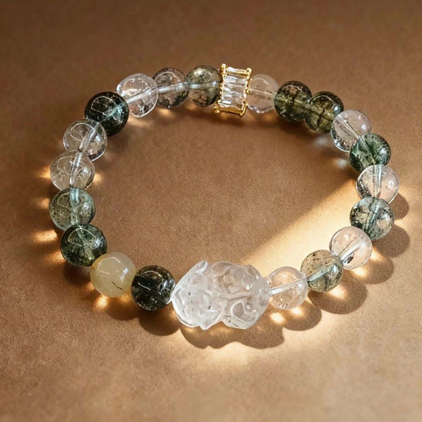 Green phantom quartz crystal bracelet with traditional Pixiu charm