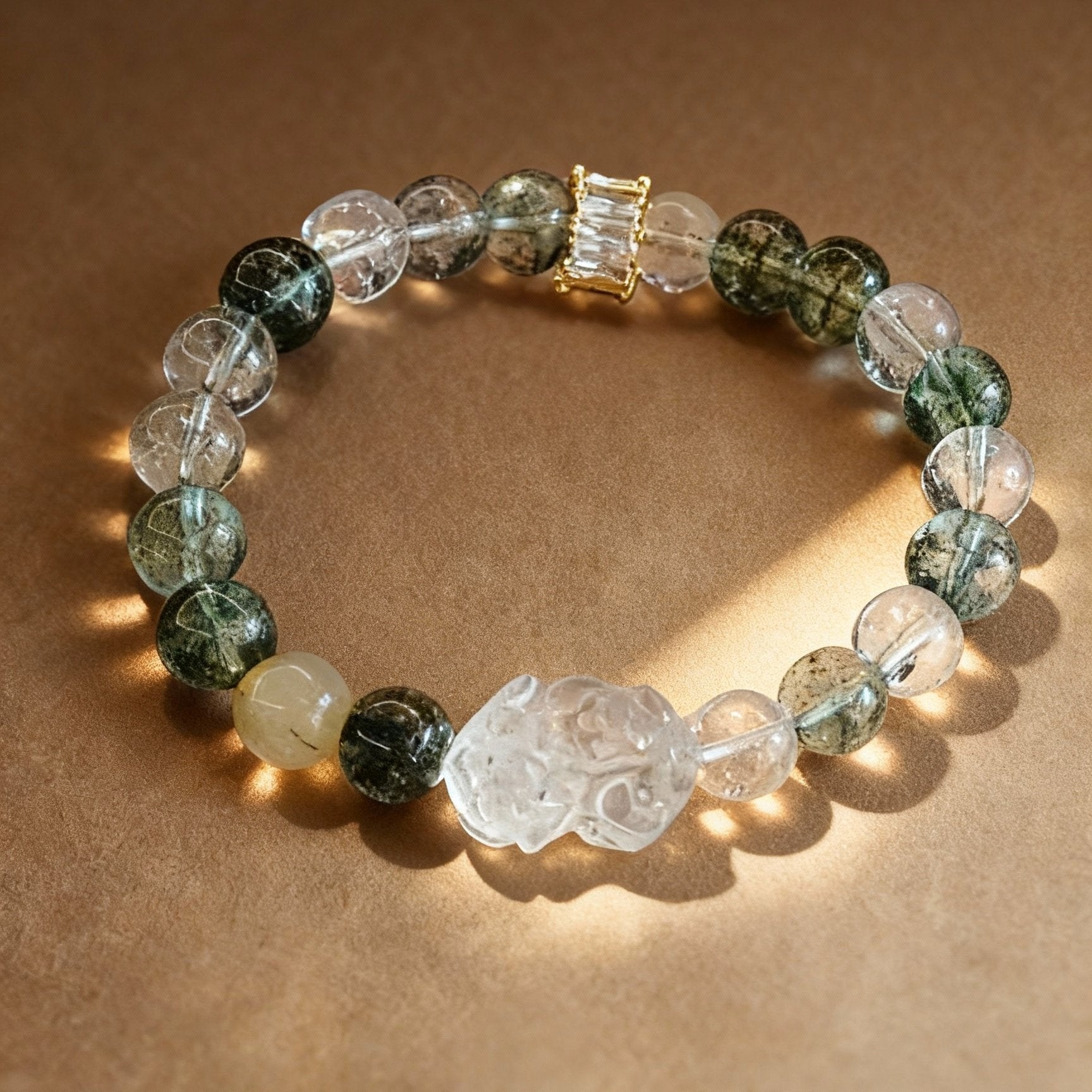 Green phantom quartz crystal bracelet with traditional Pixiu charm