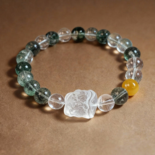 Natural phantom quartz lion dance bracelet with yellow agate charm