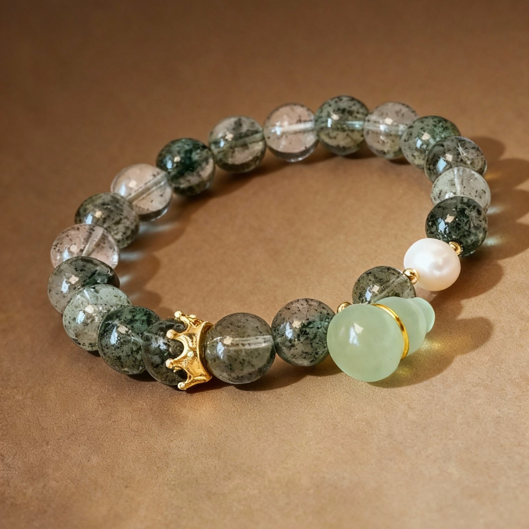 Green phantom quartz crystal bracelet with traditional gourd charm
