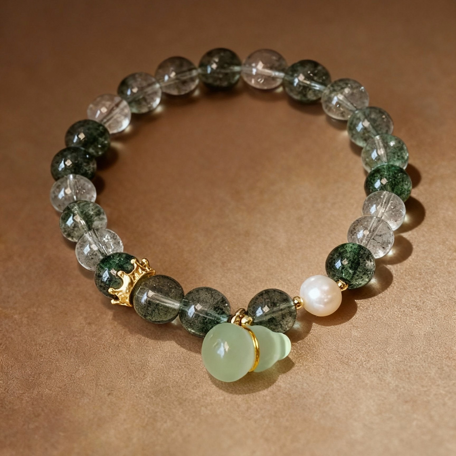 Natural phantom quartz and serpentine gourd bracelet with green crystals