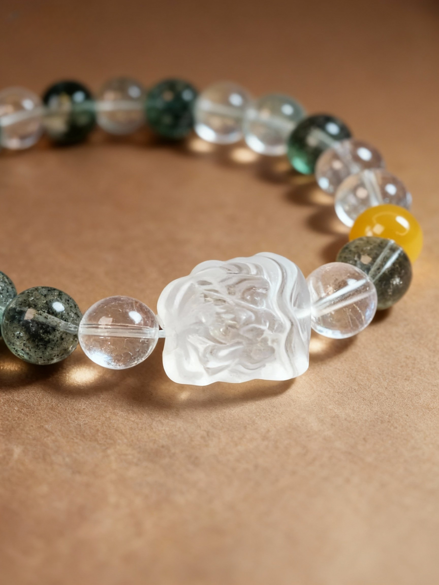 Green phantom quartz crystal bracelet with traditional lion dance charm