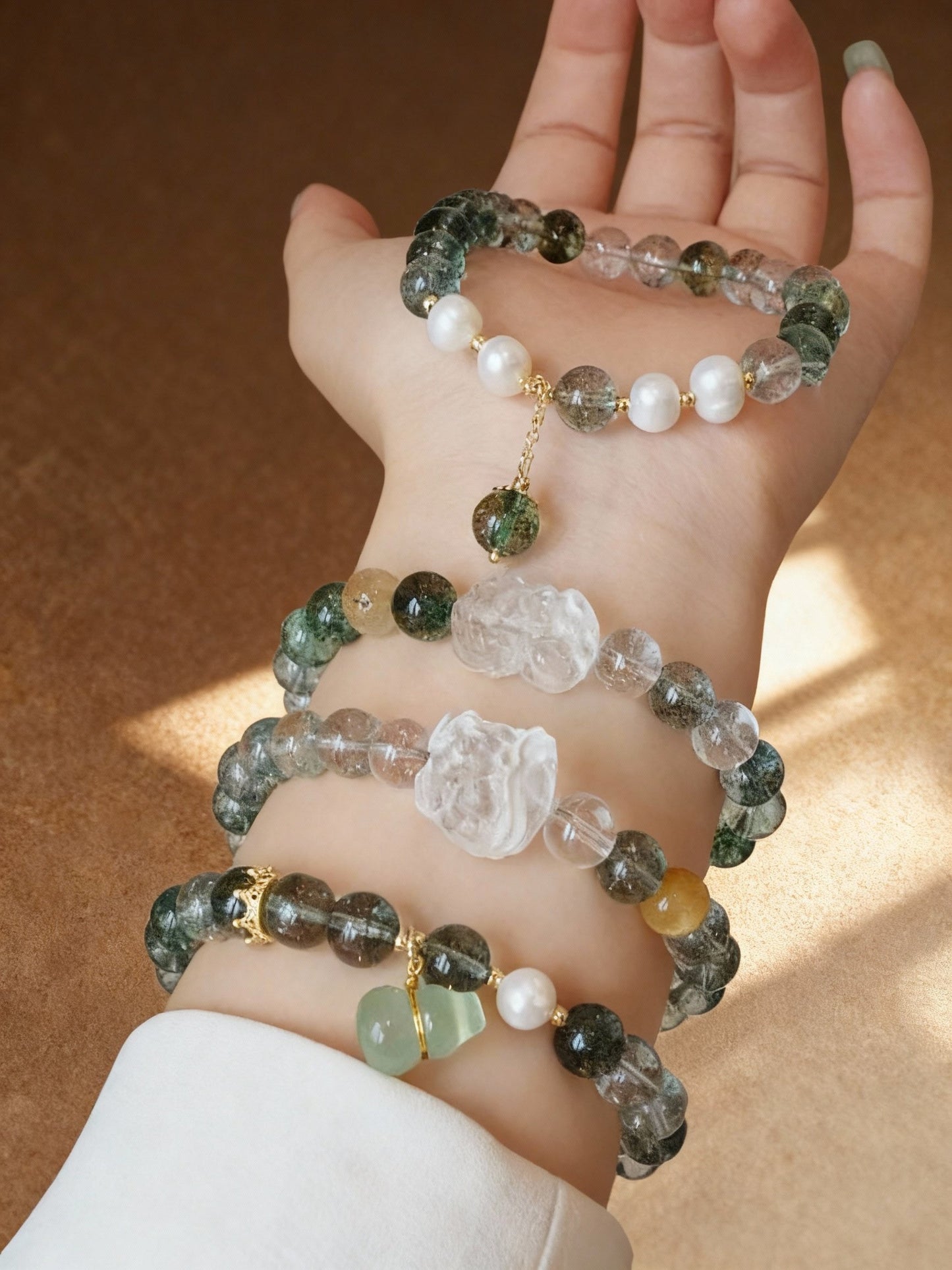 Natural phantom quartz and freshwater pearl bracelet with gold spacers