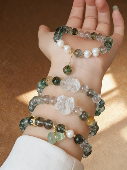 Natural phantom quartz and freshwater pearl bracelet with gold spacers