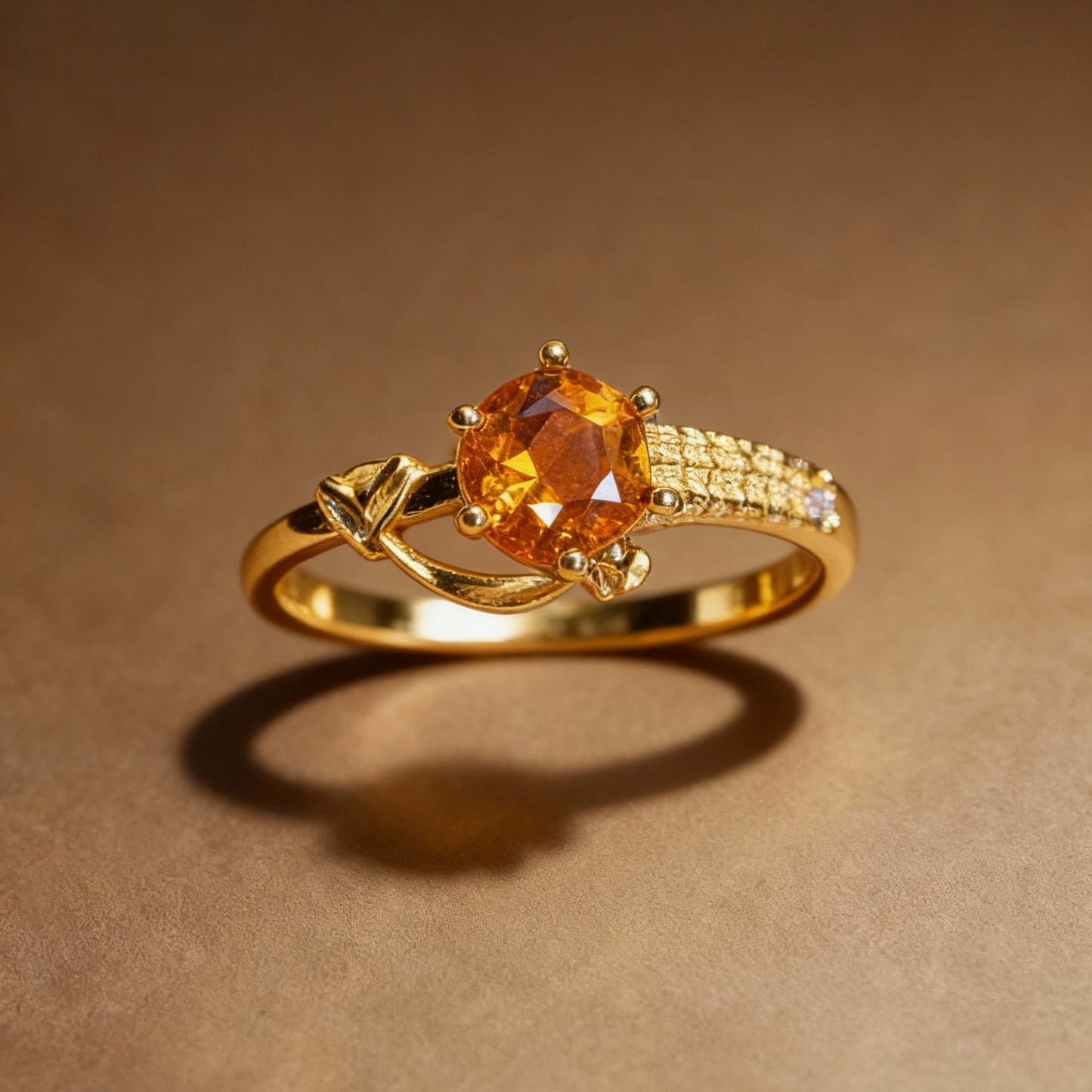 Close-up of round citrine gemstone on gold-plated silver ring