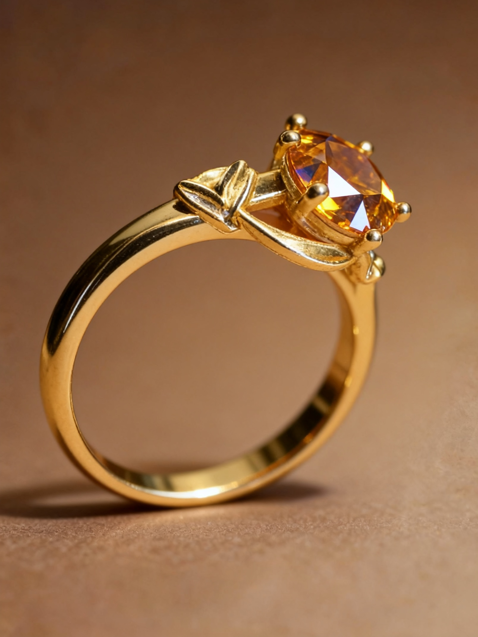 Detail of golden citrine stone setting on gold-plated band