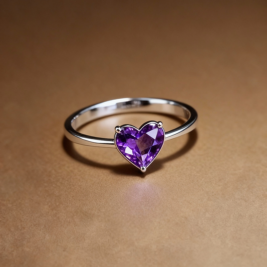 Heart-shaped amethyst ring with purple gemstone