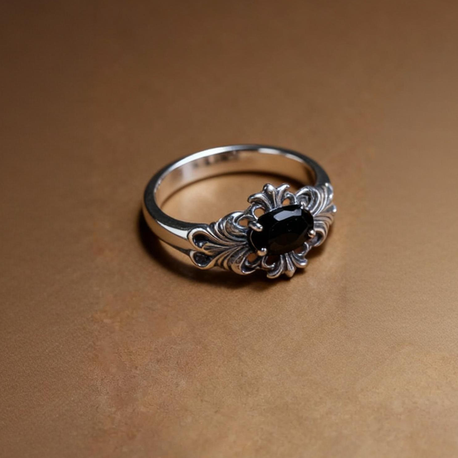 Oval black spinel ring with S925 sterling silver band
