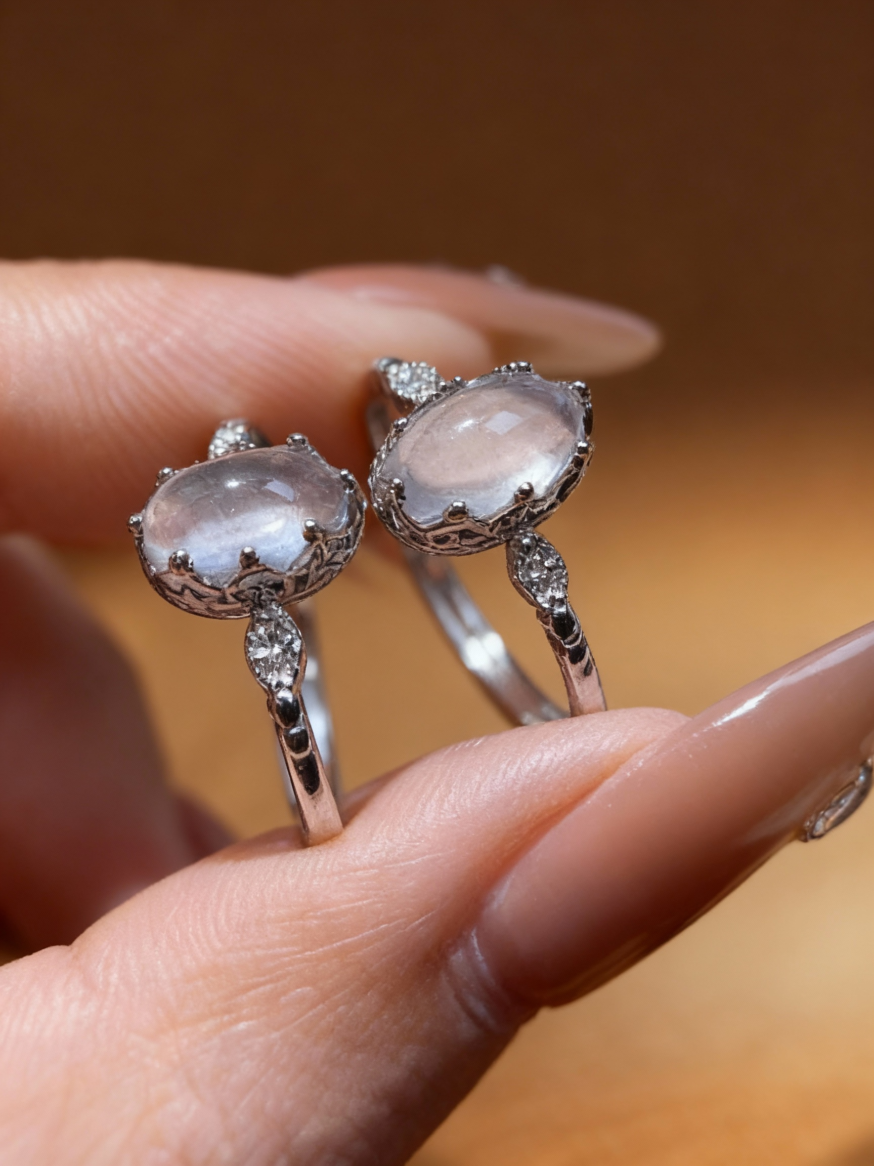 Delicate rose quartz ring showing S925 silver band design