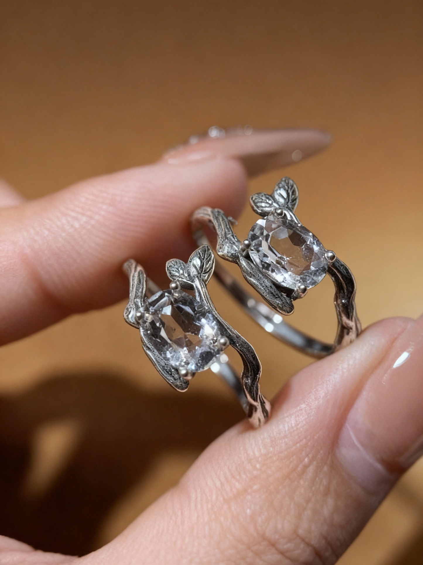 S925 silver twig ring showing clear quartz stone setting