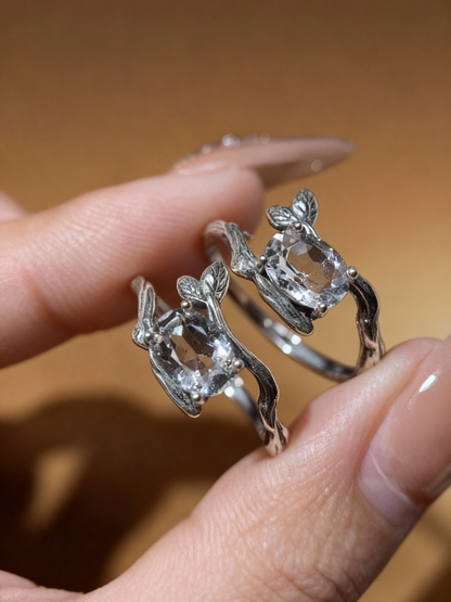 S925 silver twig ring showing clear quartz stone setting