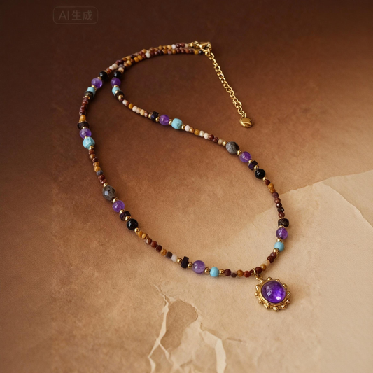 Amethyst and tiger eye mixed stone necklace with titanium steel chain