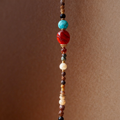 Detail of mixed natural stone beaded necklace with steel components
