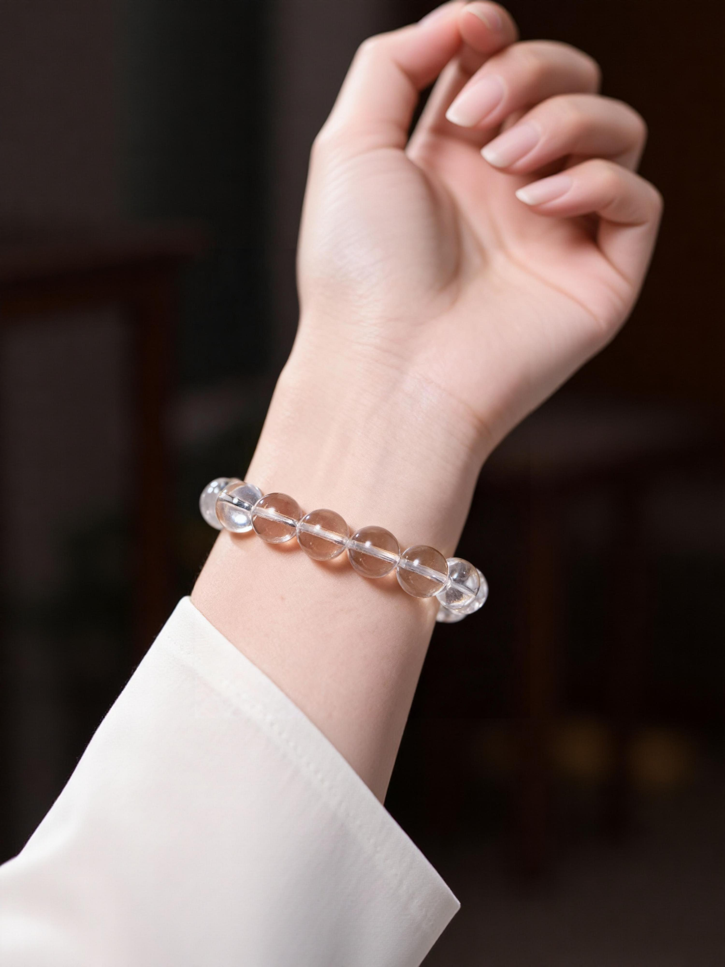 Clear quartz bracelet showing premium gemstone quality and clarity