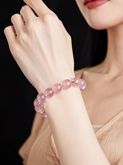 Ice-clear rose quartz bracelet with natural translucent pink beads