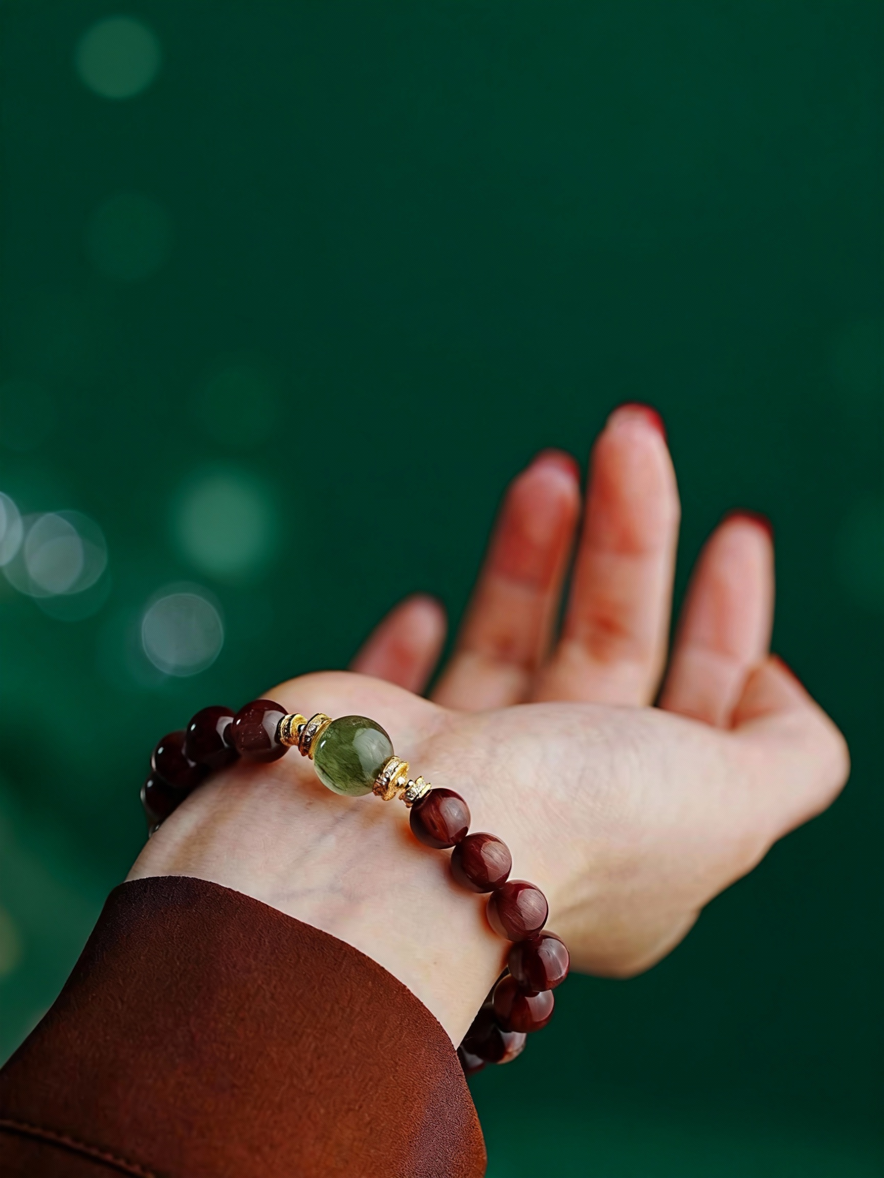 Close-up showing red fiber inclusions and green rutile patterns