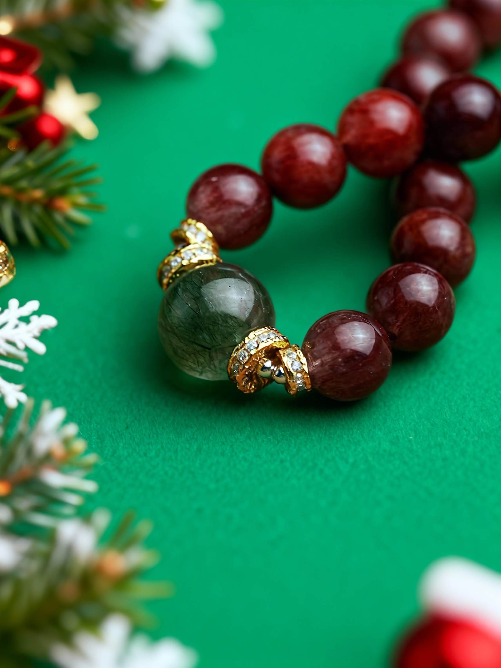 Detail of red and green dual-color crystal bracelet