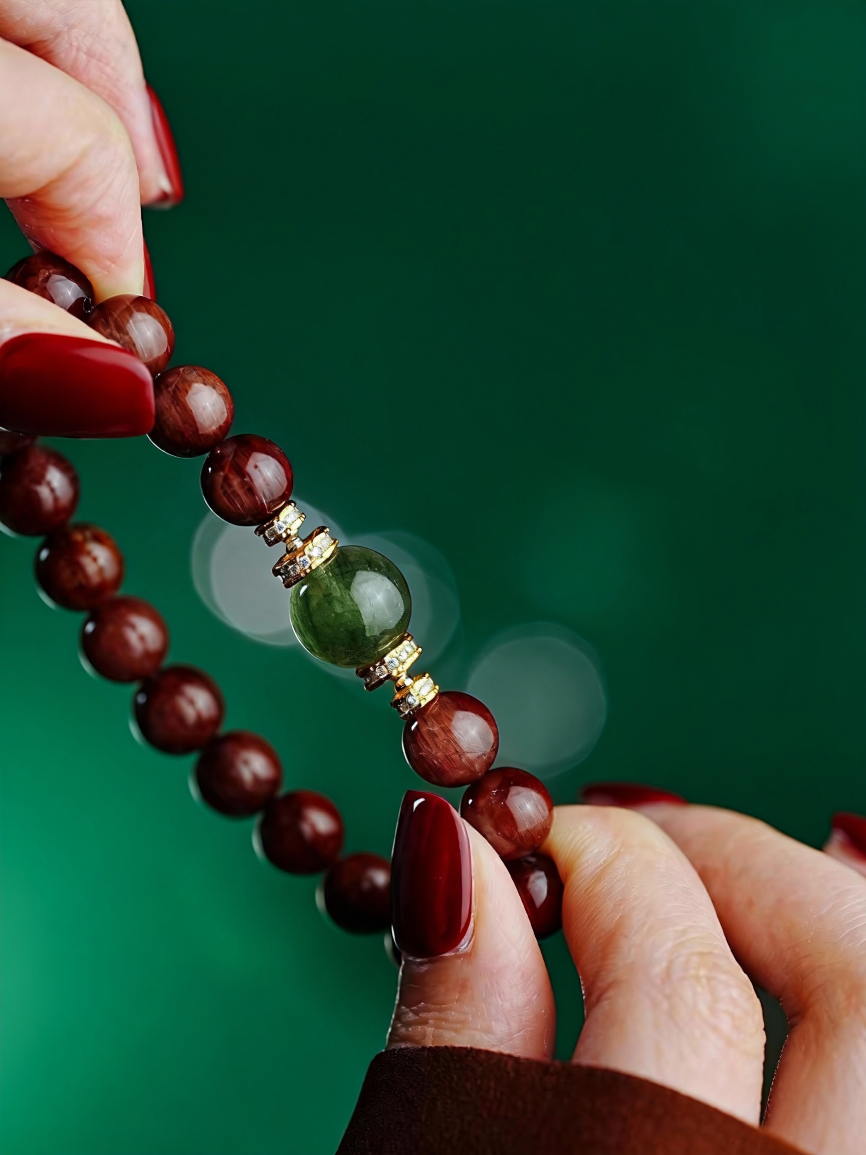 Dual-tone red rabbit hair and green quartz crystal bracelet