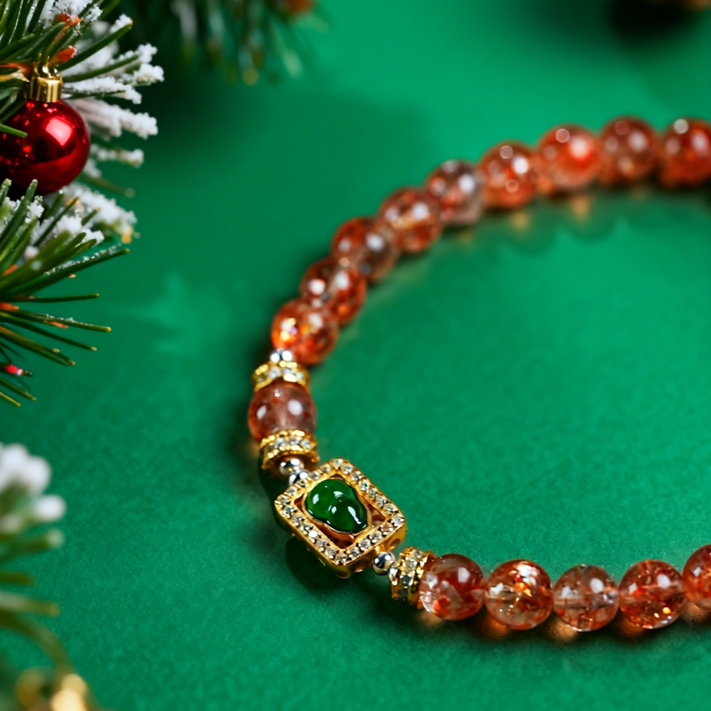 Natural sunstone and jade gourd bracelet on white background