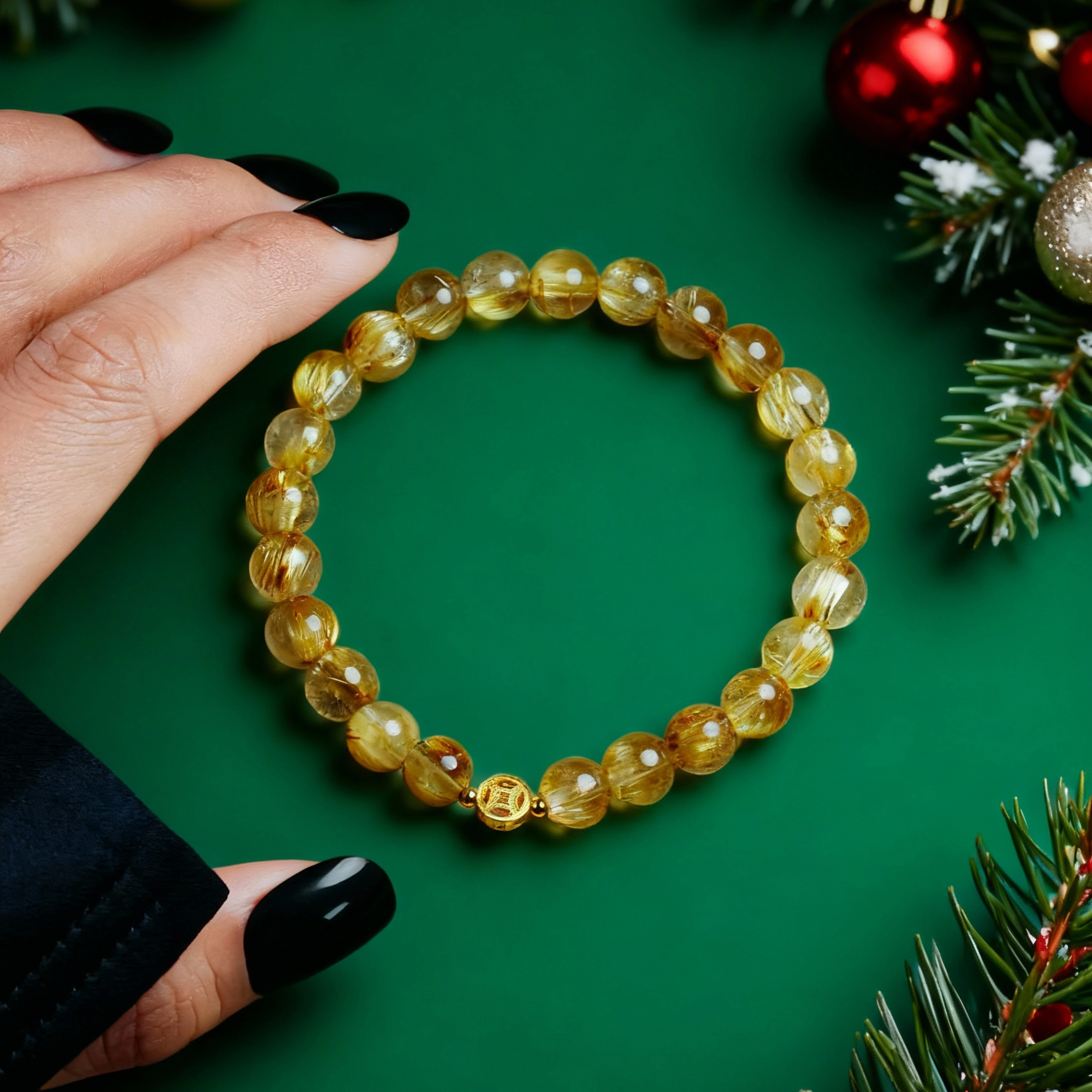 Natural rutilated quartz bracelet with lucky Chinese coin charm