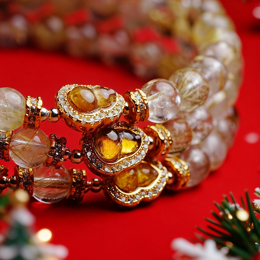 Natural rutilated quartz bracelet on white background