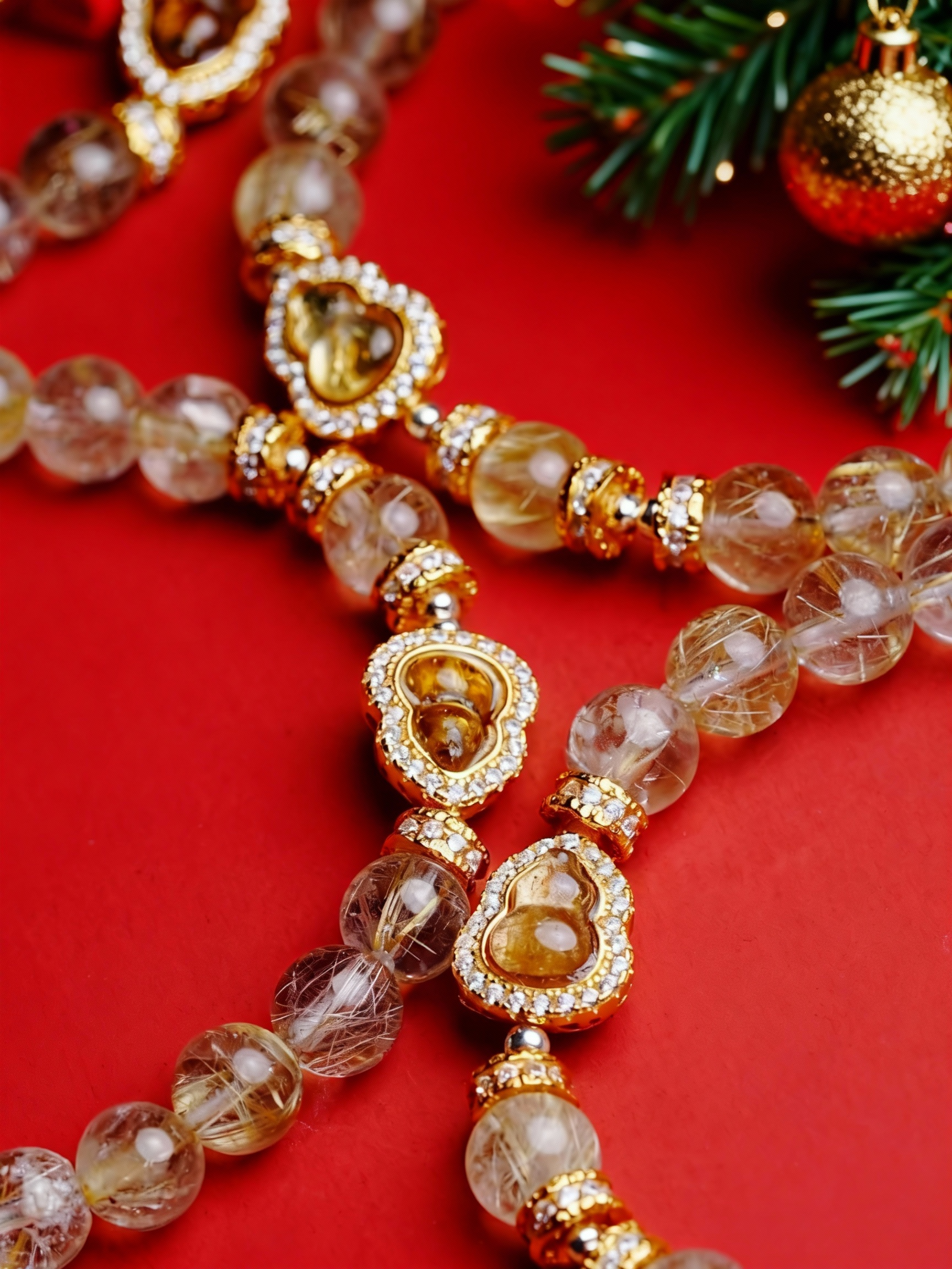 Rutilated quartz crystal bracelet with translucent beads