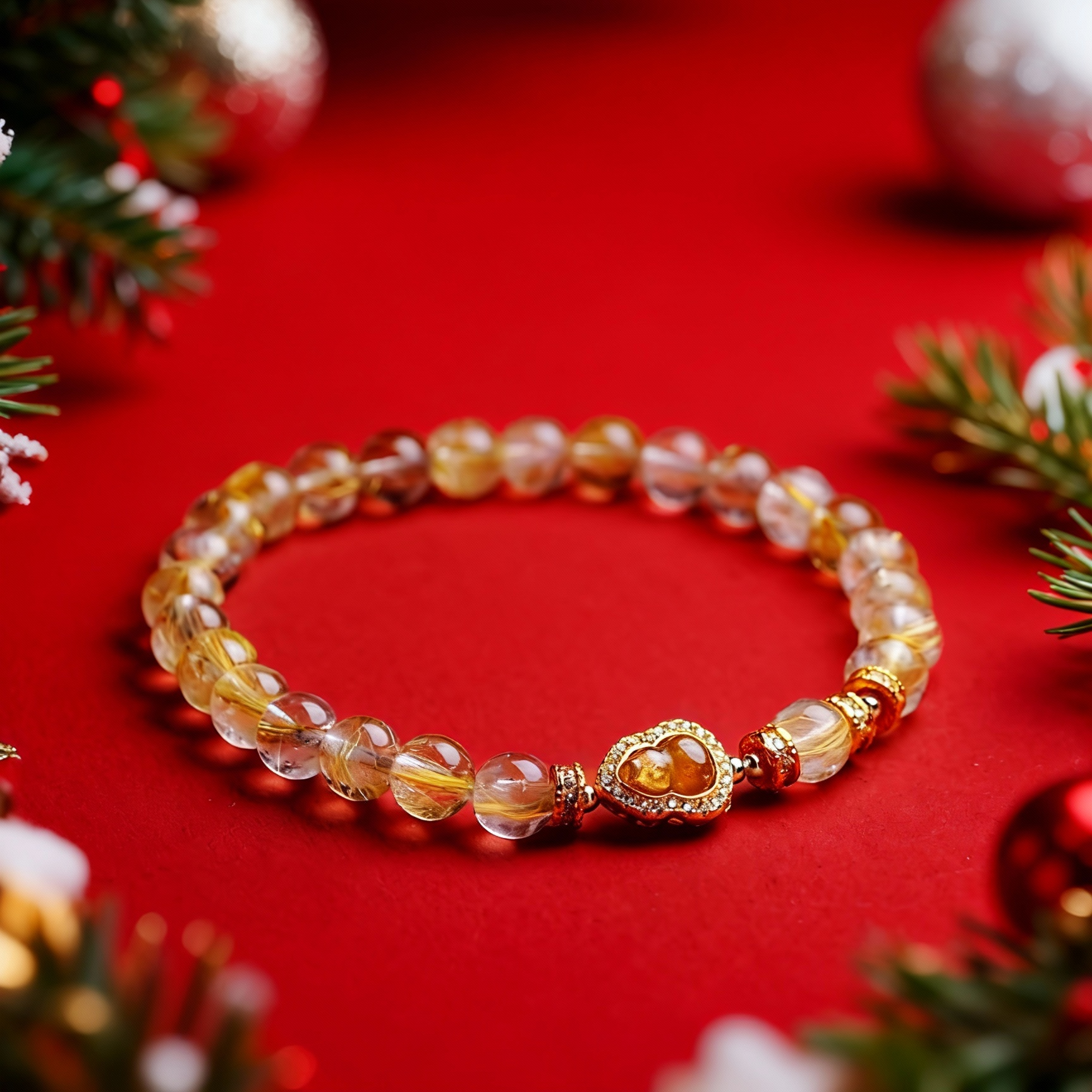 Close-up of golden rutilated quartz beads with needle-like inclusions