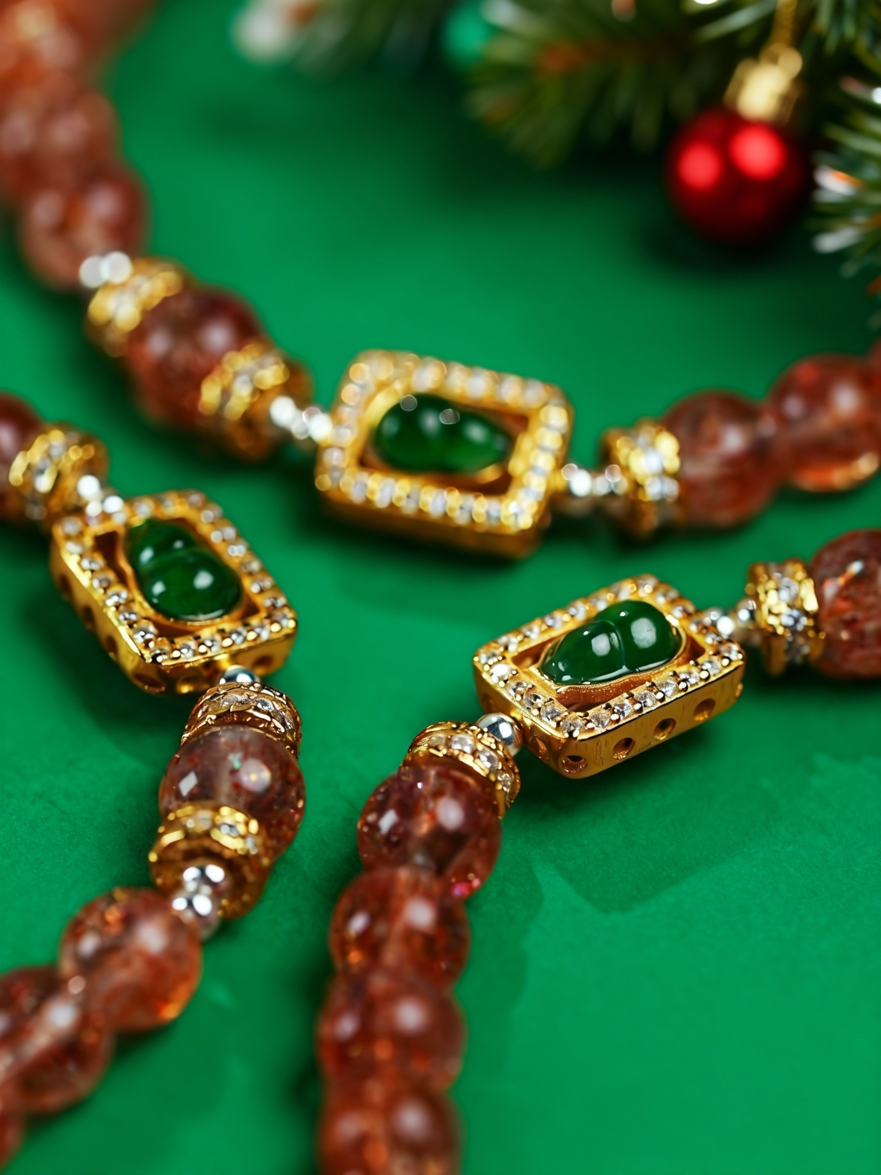 Natural sunstone and green jade calabash pendant bracelet