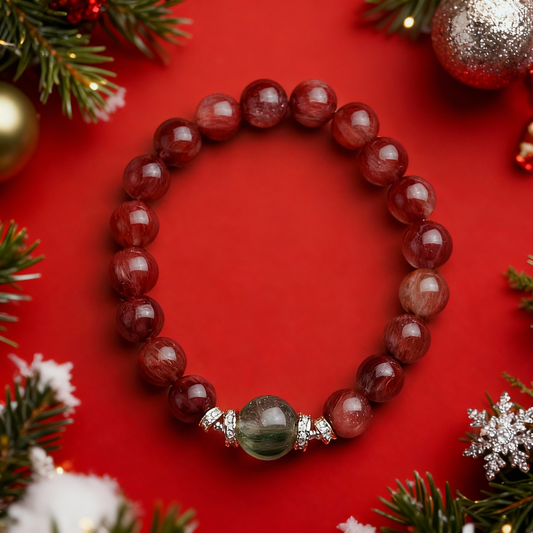 Close-up of red rabbit hair crystal and green rutilated quartz beads