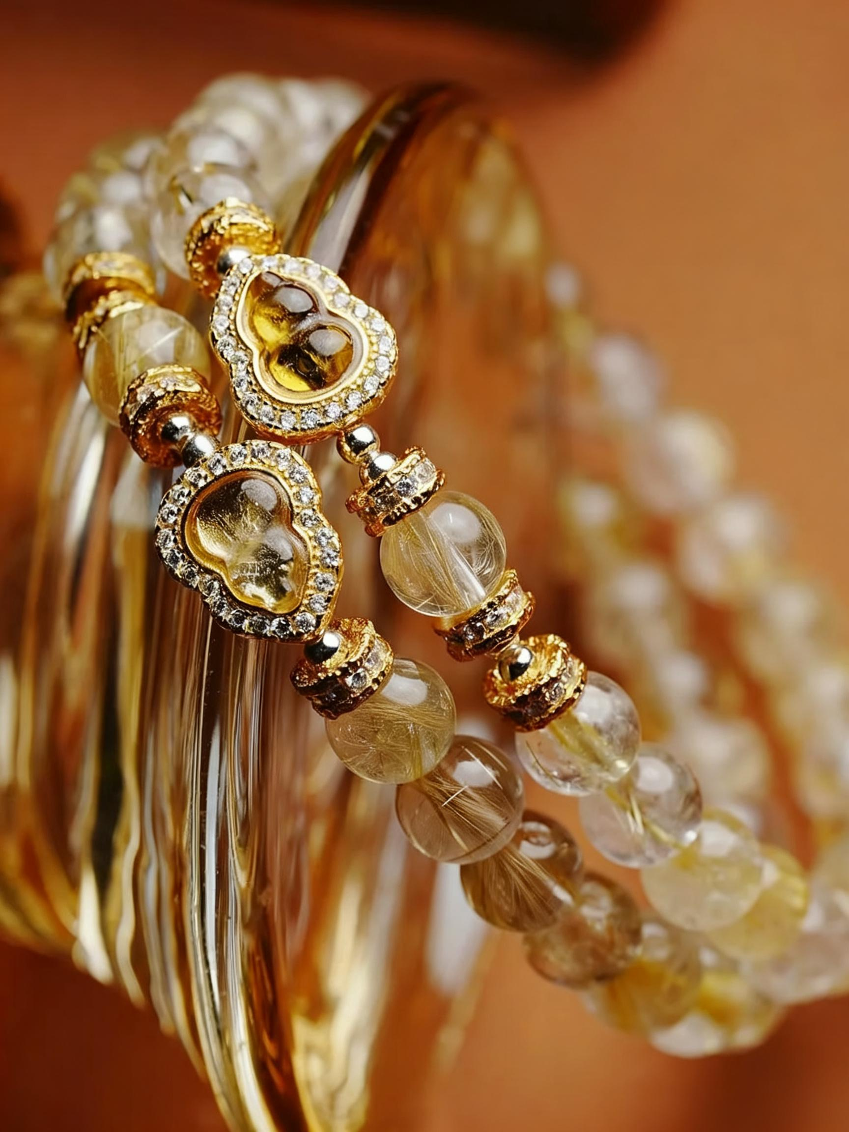 Rutilated quartz crystal bracelet flat lay photography