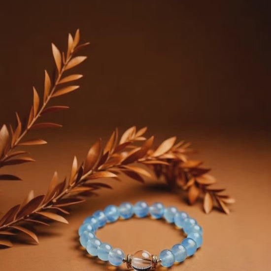 Detail of blue aquamarine gemstone beads