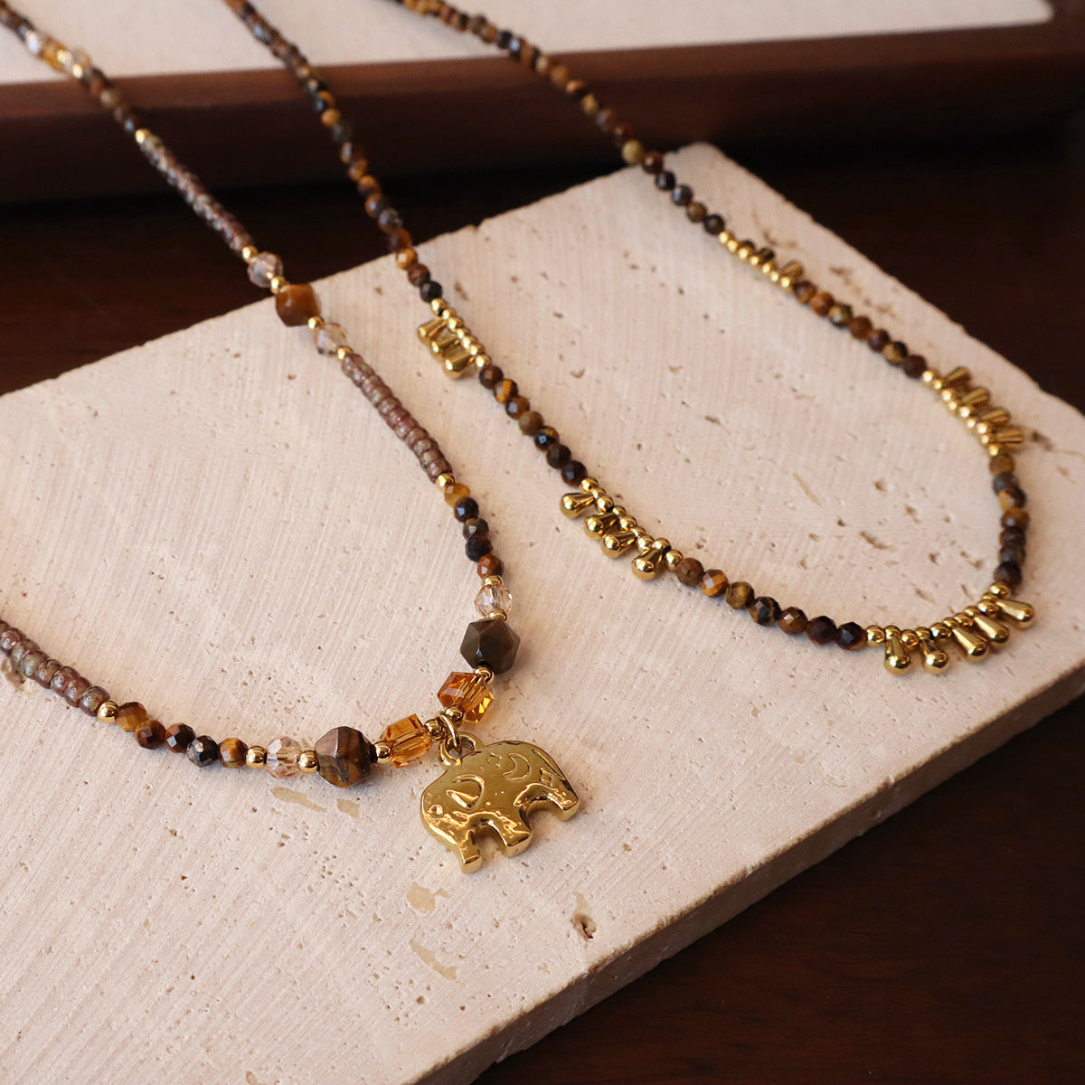 Tiger eye crystal beaded sweater chain with chatoyant shimmer