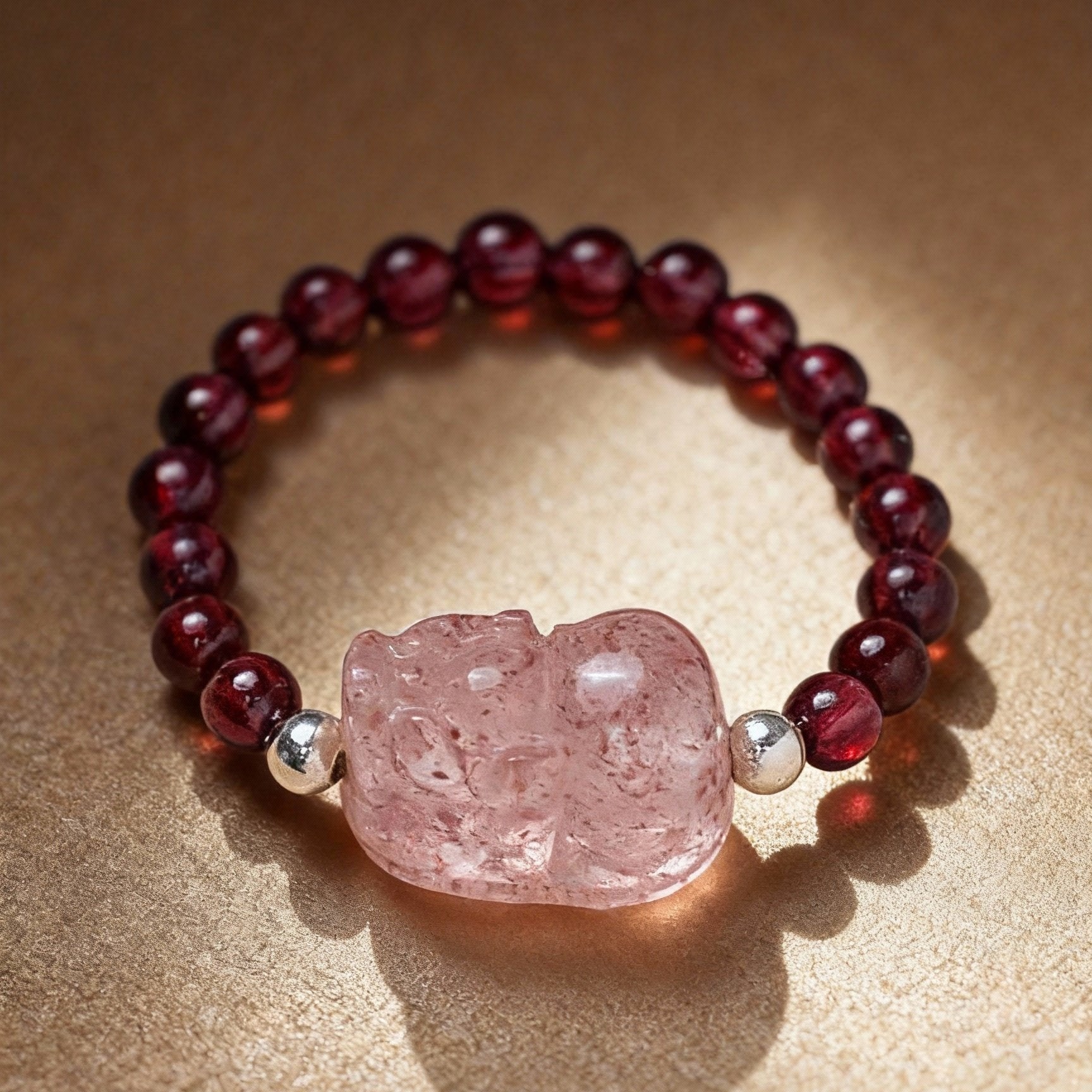 Close-up of tourmaline ring with Pixiu charm and garnet stones