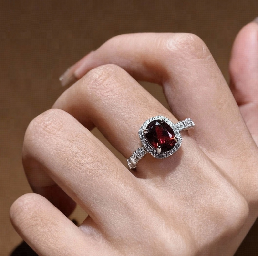 Natural garnet ring with oval-shaped gemstone