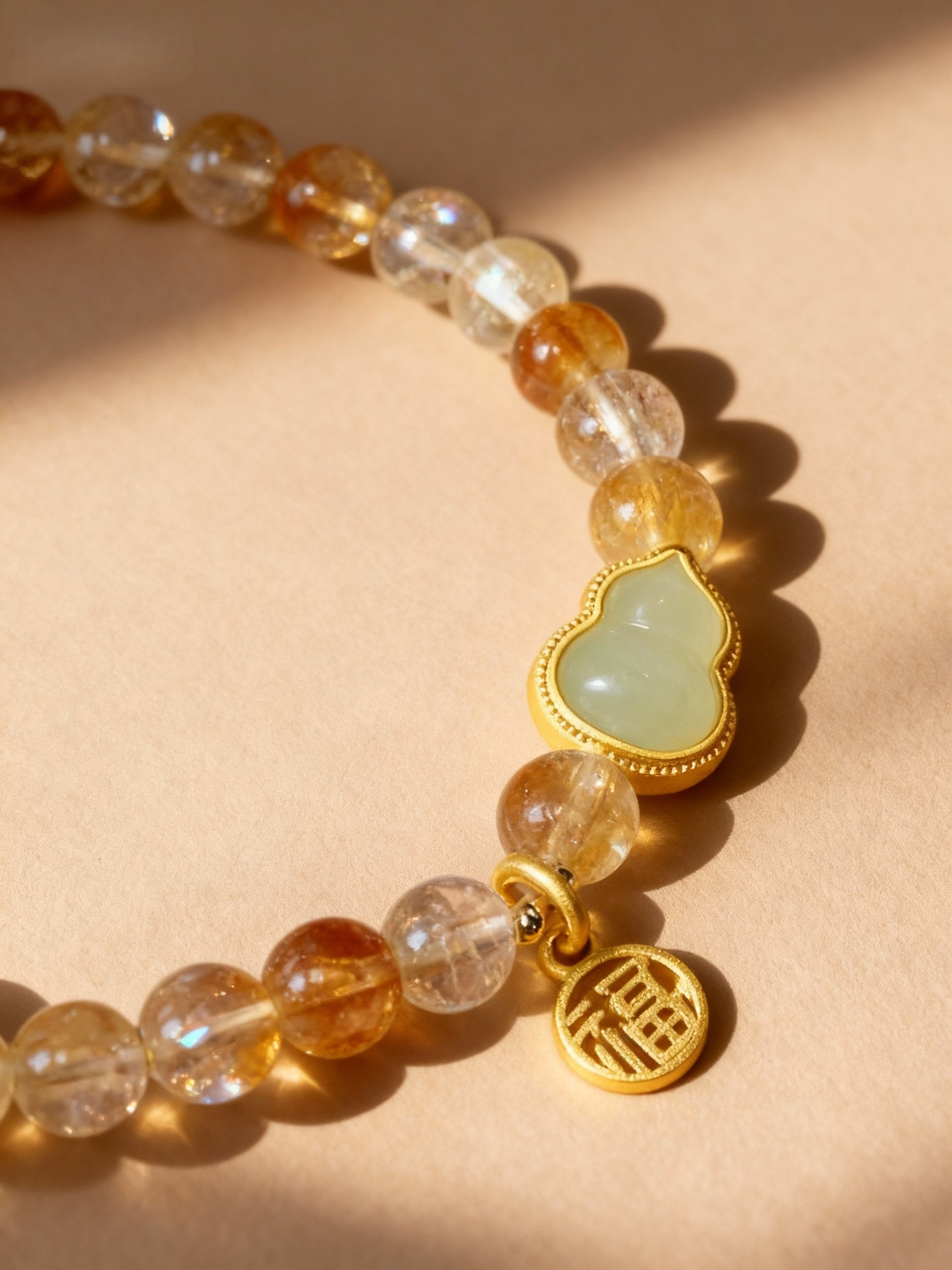 Natural citrine bracelet with nephrite jade calabash fortune charm
